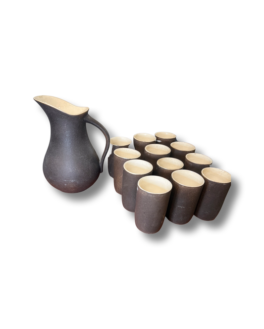 Brown clay pitcher and cup set